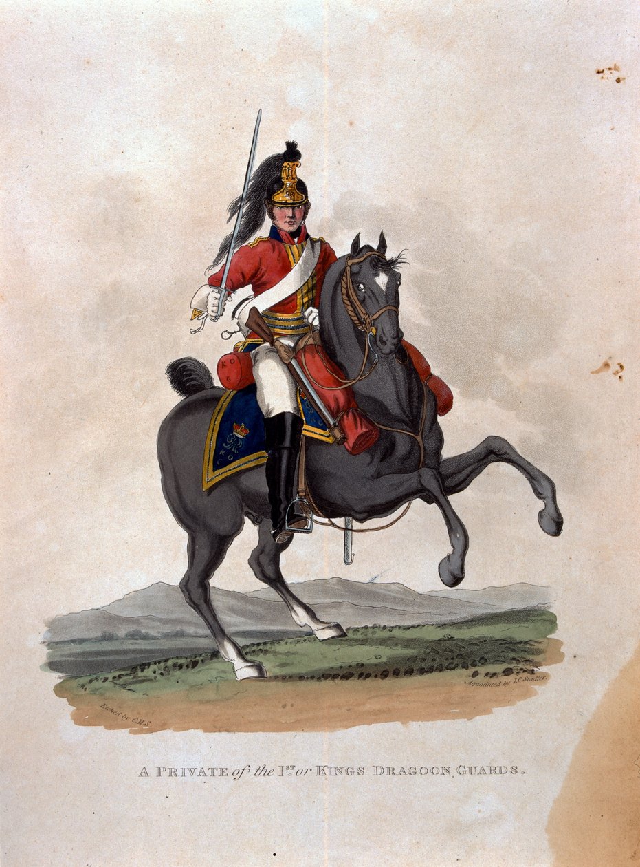 En menig av den første, eller King's Dragoon Guards, fra 'Costumes of the Army of the British Empire, ifølge de siste forskriftene 1812', gravert av JC Stadler, utgitt av Colnaghi und Co. 1812-15 av Charles Hamilton Smith
