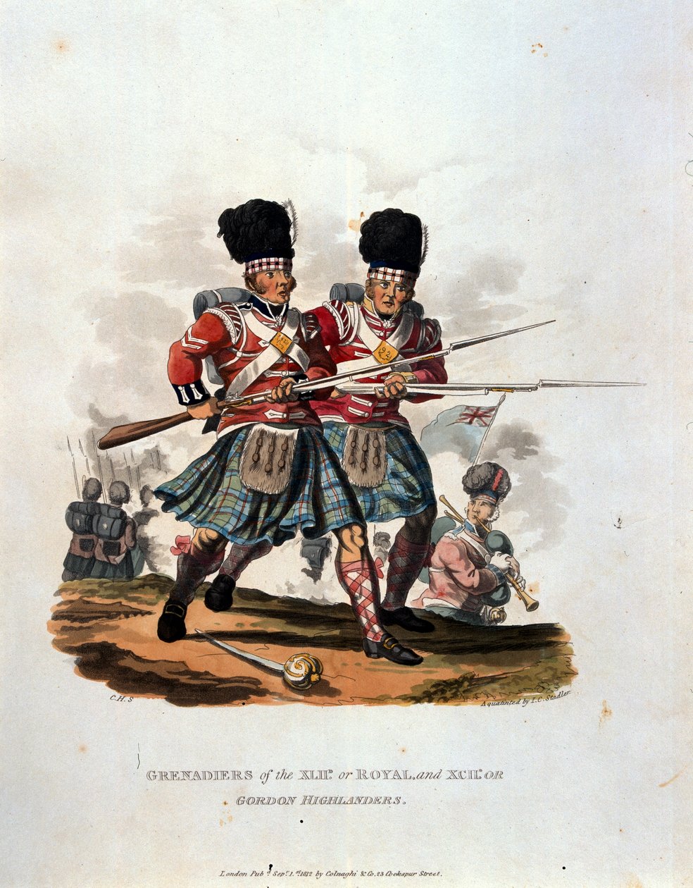 Grenadierer av 42. (eller kongelige) og 141. eller, Gordon Highlanders, fra 'Costumes of the Army of the British Empire, ifølge de siste forskriftene 1812', gravert av JC Stadler, utgitt av Co av Charles Hamilton Smith