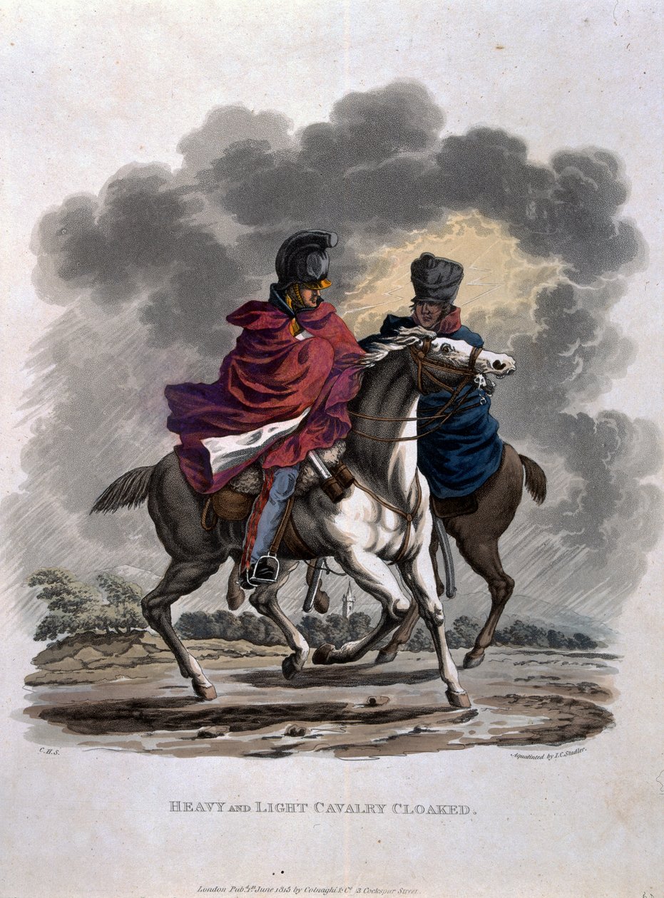 Heavy and Light Cavalry Cloaked, fra 'Costumes of the Army of the British Empire, if the last Regulations 1812', gravert av JC Stadler, utgitt av Colnaghi und Co. 1812-15 (farget aqua av Charles Hamilton Smith