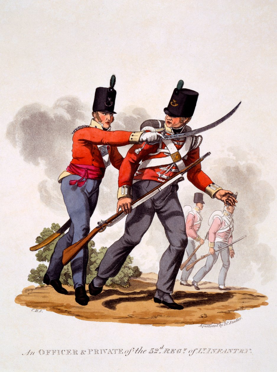 Uniform of Officer und Private of the 52nd Regt. Of Light Infantry, gravert av Joseph Constantine Stadler (fl.1780-1812), 1812-15 (håndfarget akvatint) av Charles Hamilton Smith