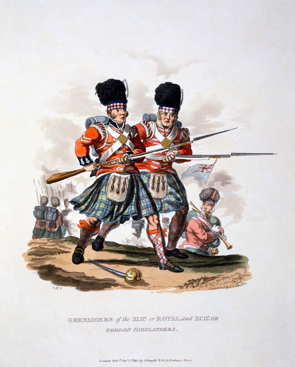 Uniform av Grenadiers of the Royal and of the Gordon Highlanders, fra 'Costume of the British Empire, if the Last Regulations', utgitt 1812 (håndfarget akvatint) av Charles Hamilton Smith