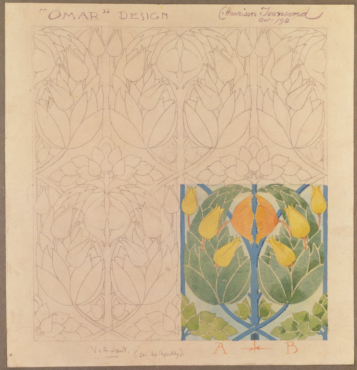 Omar, design for en silke og ull dobbelklut, 1898 (silke og ull) av Charles Harrison Townsend