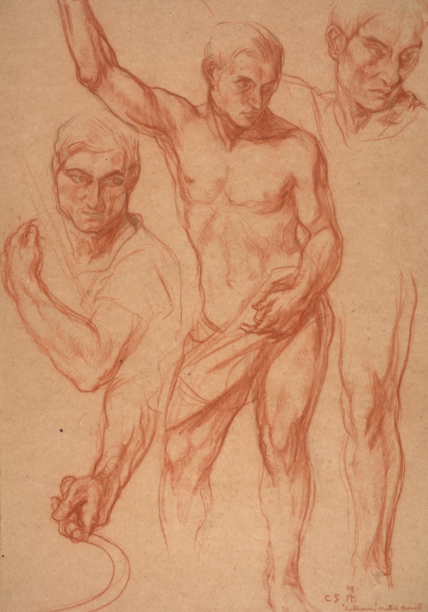 Mannsfigurstudie med re-studier av hode, armer, skulder og ben (skisser for midtpanelet til "Høst"), 8. april av Charles Haslewood Shannon