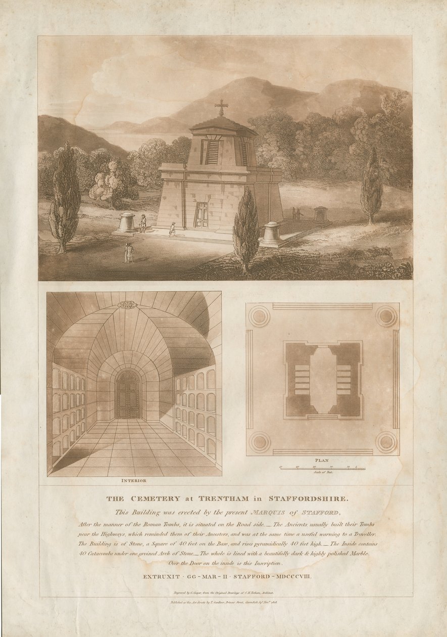 Trentham - Mausoleet: rødbrun akvatintgravering, nd [c 1808] (trykk) av Charles Heathcote Tatham