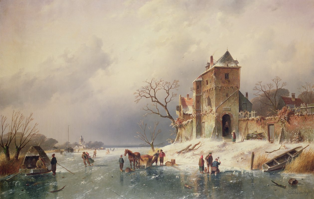 Frossen vinterscene, 1800-tallet av Charles Henri Joseph Leickert