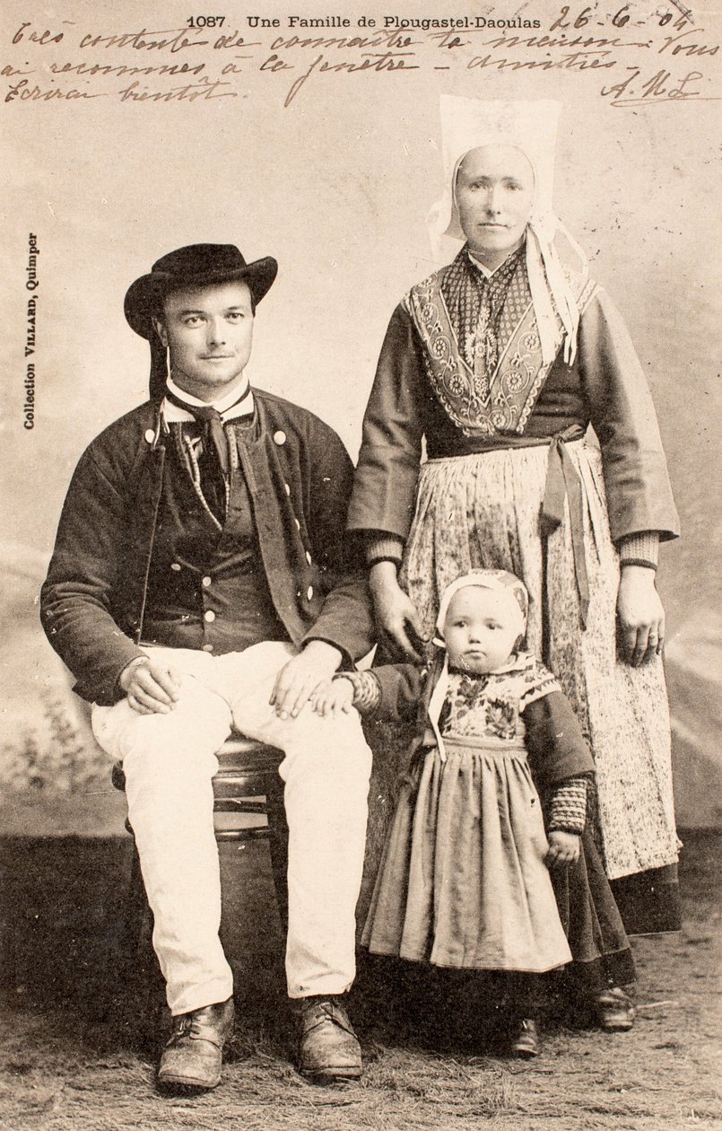 Gammelt postkort/Plougastel Daoulas-familien/Bretagne/Frankrike av Augustus Kollner