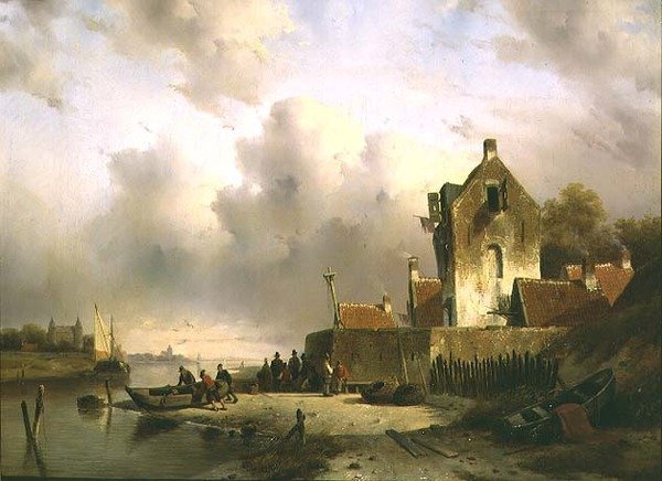 En elvemunning med fiskere ved en kai av Charles Henri Joseph Lieckert