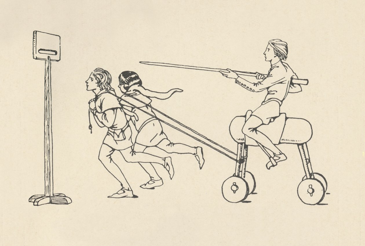 Gutter som spiller på Riding at the Quintain Romance of Alexander, ca. 1340. Bodleian, 1931 av Charles Henry Bourne Quennell