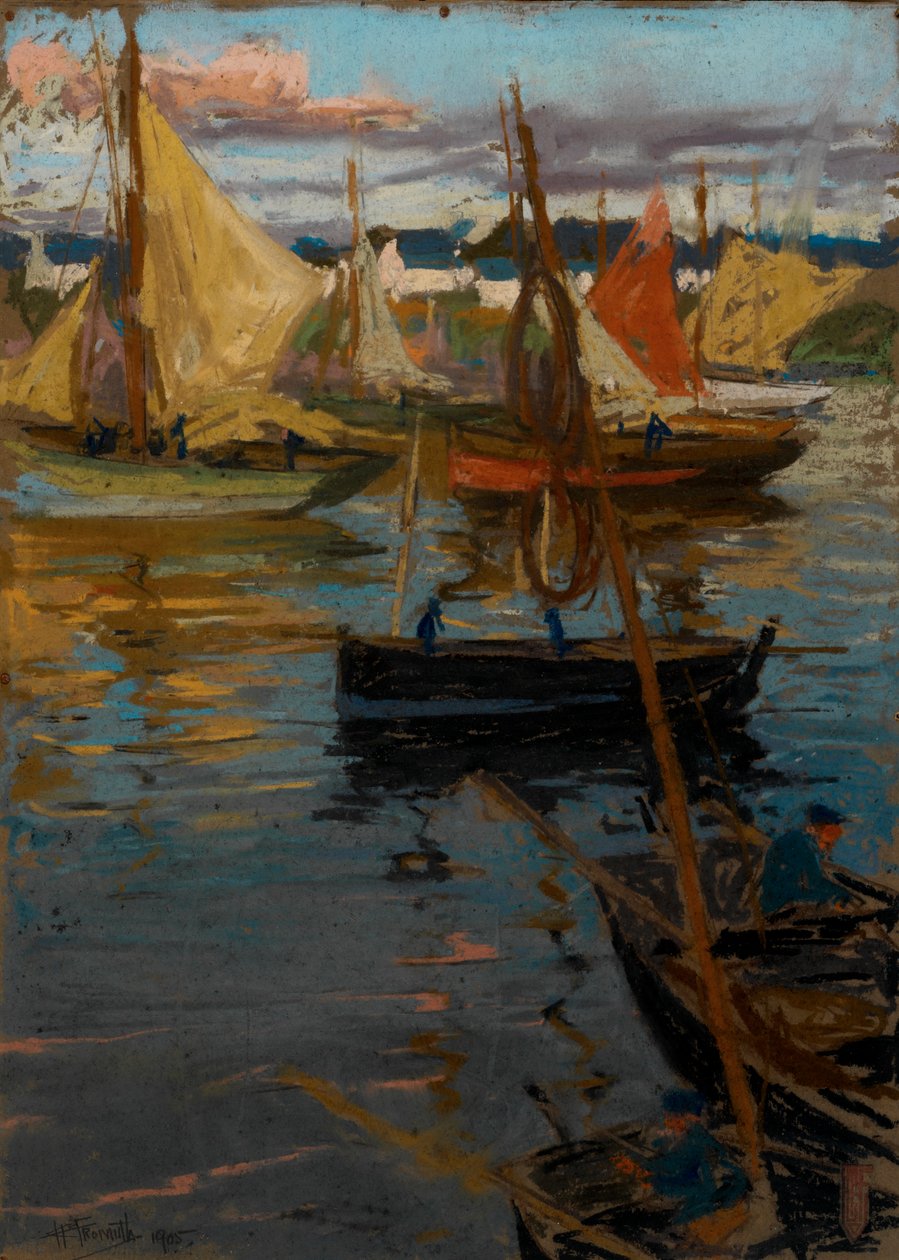 En kveldsglød med en rosesti i skyggen (Boats Concarneau) av Charles Henry Fromuth