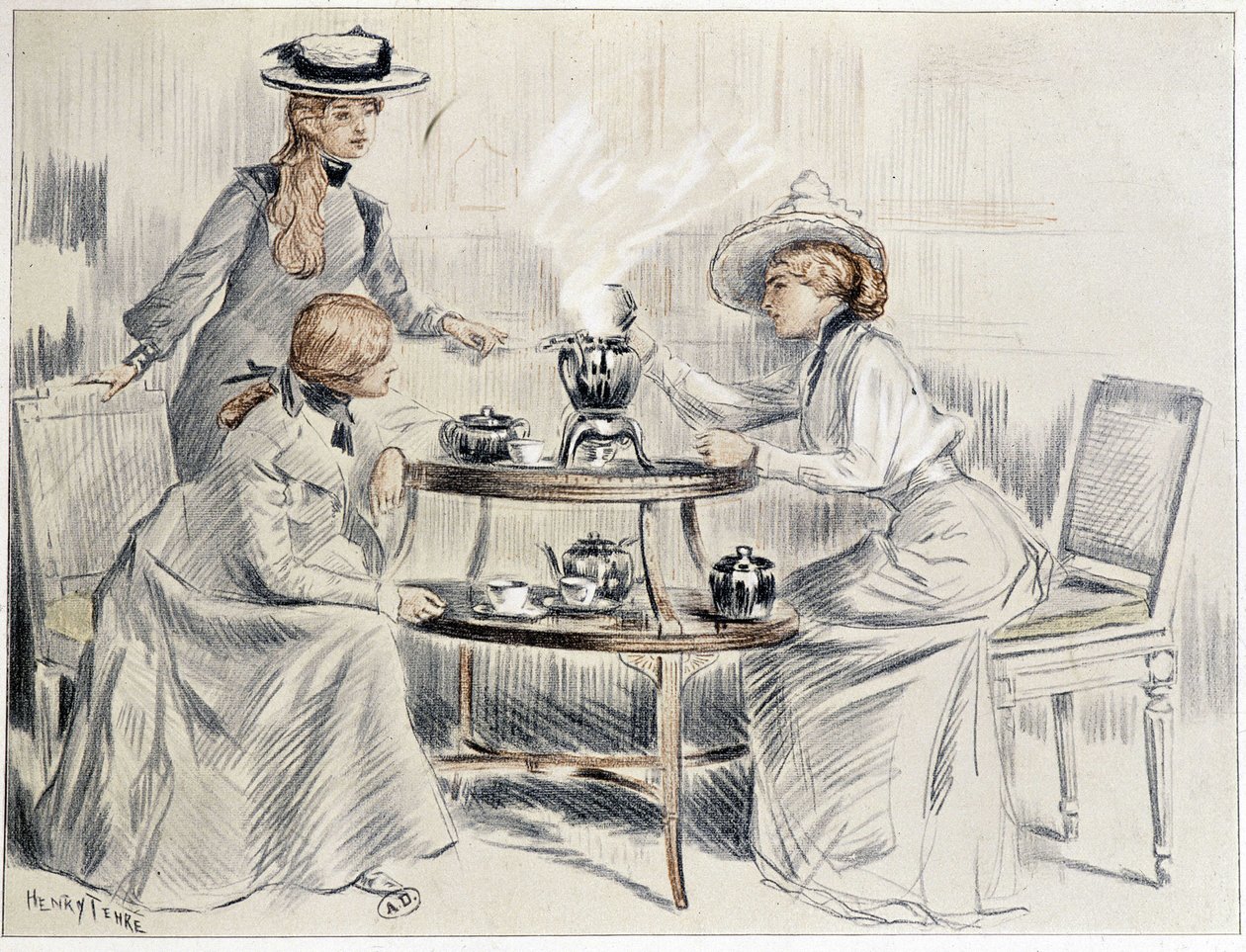 Damer som tar te rundt en liten samovar - tegning av Henri Tenré, ca. 1910 av Charles Henry Tenre