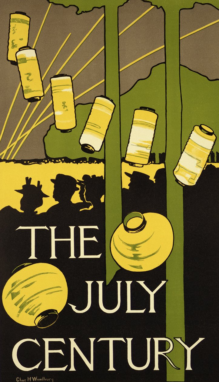 Reproduksjon av en plakat som annonserer juliutgaven av Century Magazine, utgitt i New York av Charles Herbert Woodbury
