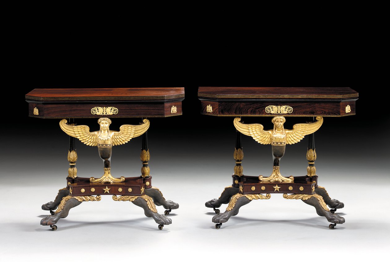 To klassiske utskårne kortbord, ca. 1815 (pakkeforgylt palisander) av Charles Honore Lannuier