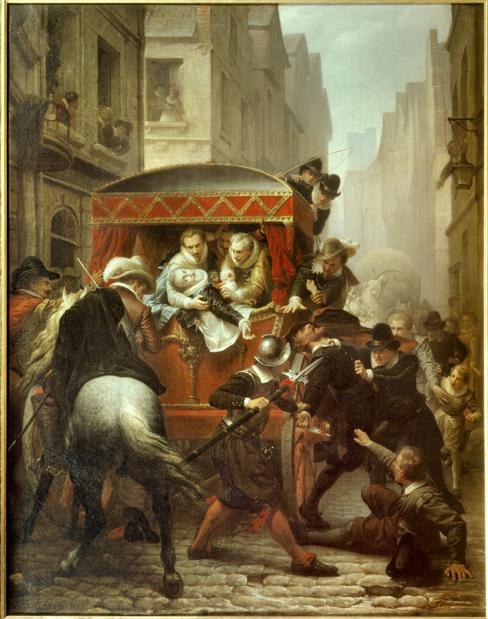 Død av Henry IV: "" Attentat på Henry IV, konge av Frankrike og arrestasjon av Ravaillac"" Attentat på kong Henry IV (1553-1610) og arrestasjon av Francois Ravaillac (1578-1610) 14.05.1610 i rue de la Ferronnerie i Paris. Maleri av Charles Gustave Ho av Charles Housez