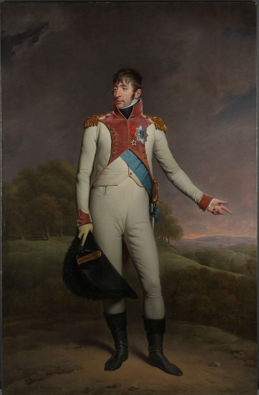 Portrett av Louis Napoleon, konge av Holland Louis Napoleon (1778-1846), konge av Holland fra 1806 til 1810, i uniformen til livvaktene til fots, dekorert med Storkorset av Royal Order of Union of Holland og Officer Cross of the L av Charles Howard Hodges