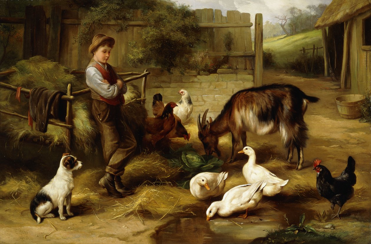 En gutt med fjærkre og en geit i et gårdstun, 1903 av Charles Hunt