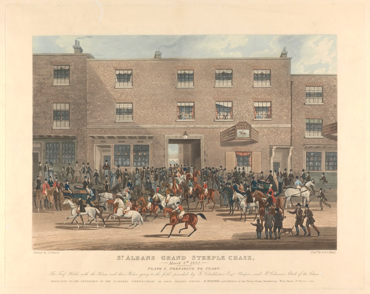Steeple-chasing [sett med seks]: St. Albans Grand Steeple Chase. / 8. mars 1832. Plate 1. Forbereder til start ... av Charles Hunt