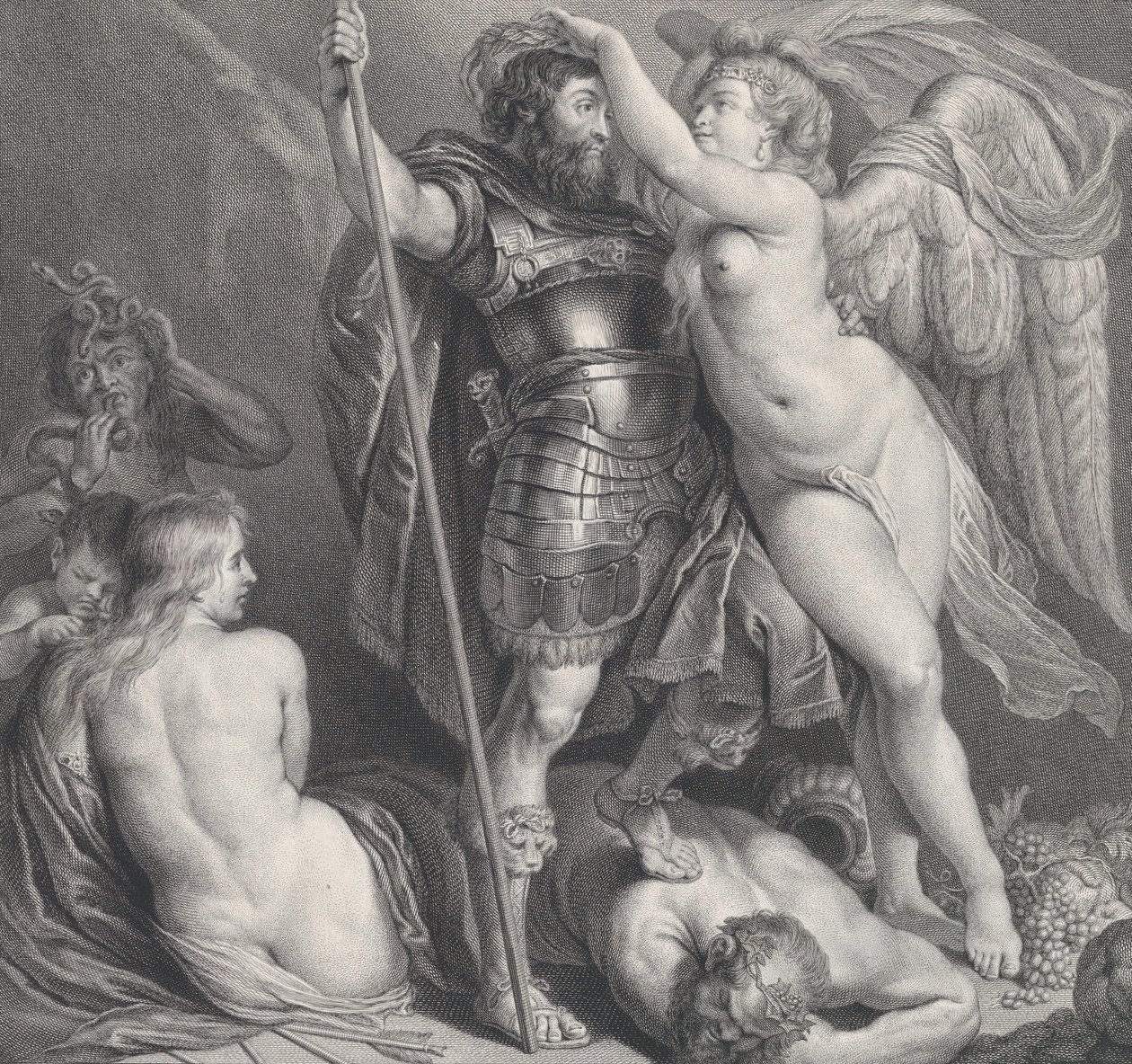 Helt kronet av Victory, som legger en laurbærkrans på hodet hans, Venus og Amor ved..., ca. 1735-61. av Charles Hutin