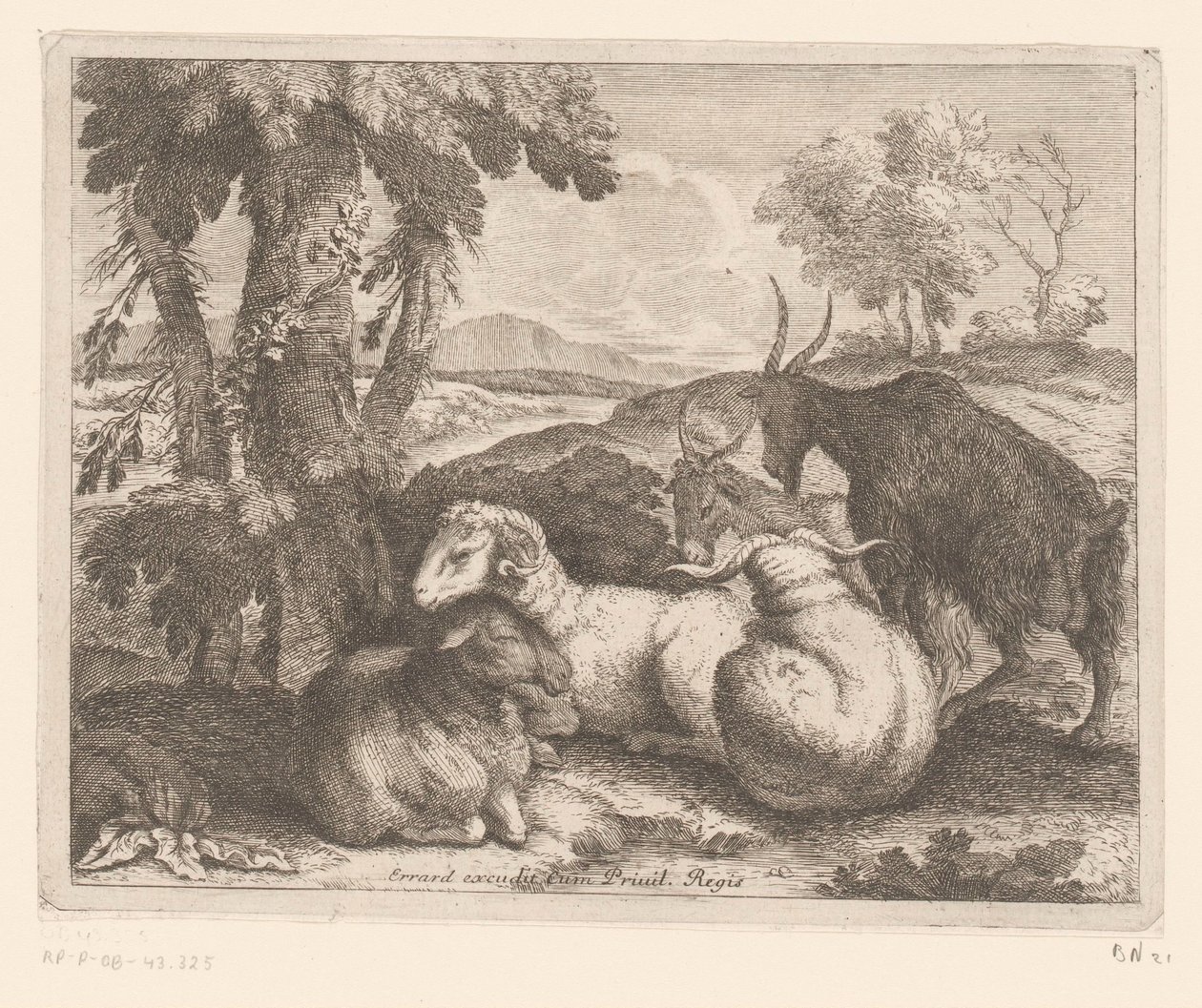 Sauer og geiter under et tre Dyreserie (serietittel) av Charles II Errard (attributed to)