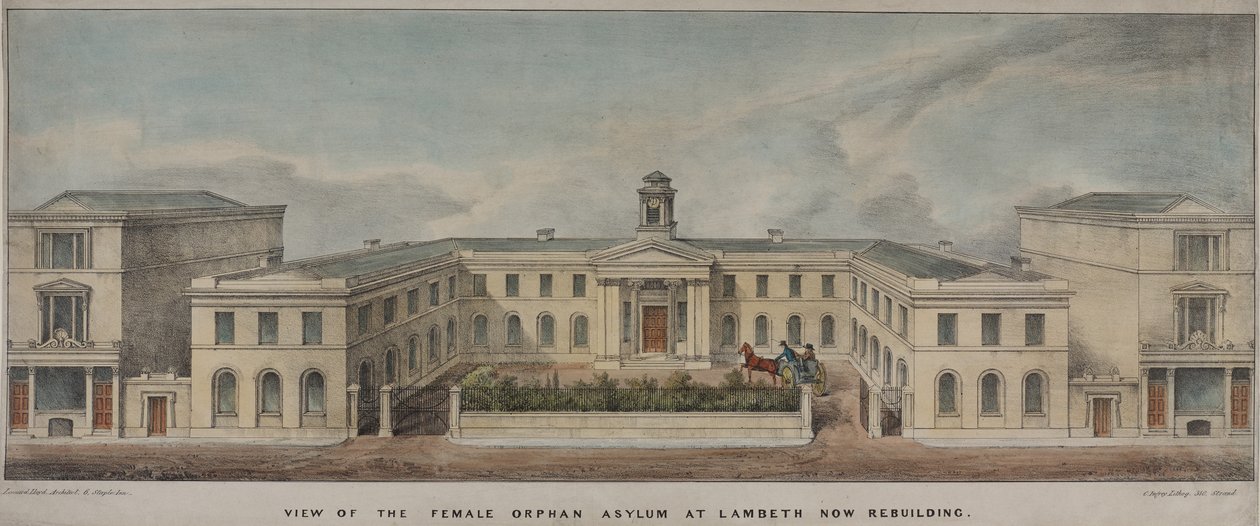 Lambeth Asylum for Girls, grunnlagt 1758, ca. 1840 (farge litho) av Charles Ingrey