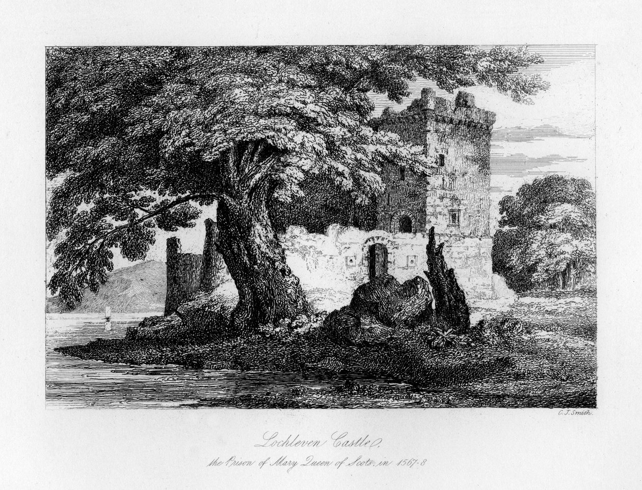 Lochleven Castle, Skottland, fengselet til Mary, Queen of Scots, 1840 av Charles J. Smith