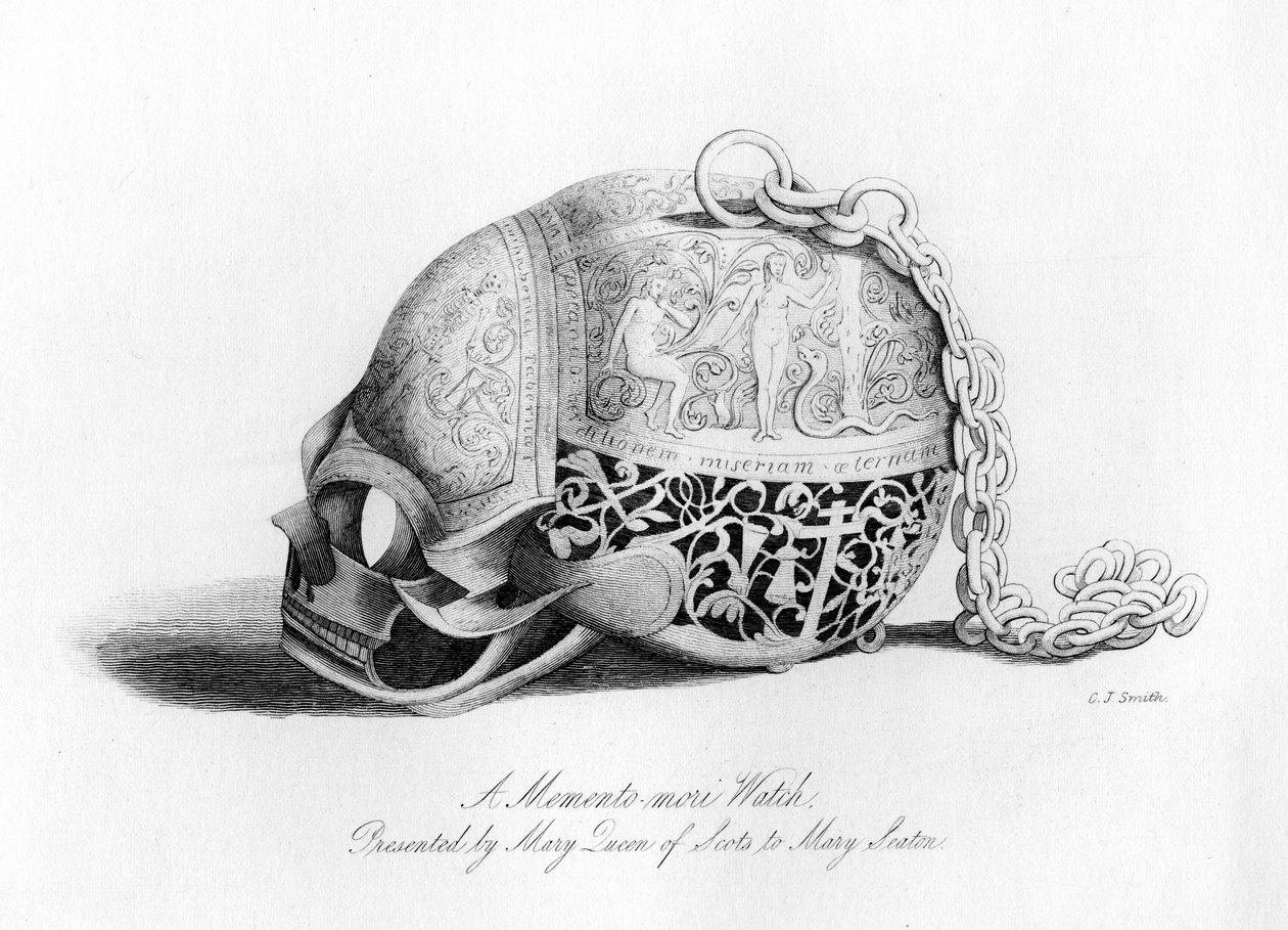 Memento-Mori-klokke presentert av Mary Queen of Scots til Mary Seaton, 1500-tallet, 1840. av Charles J. Smith