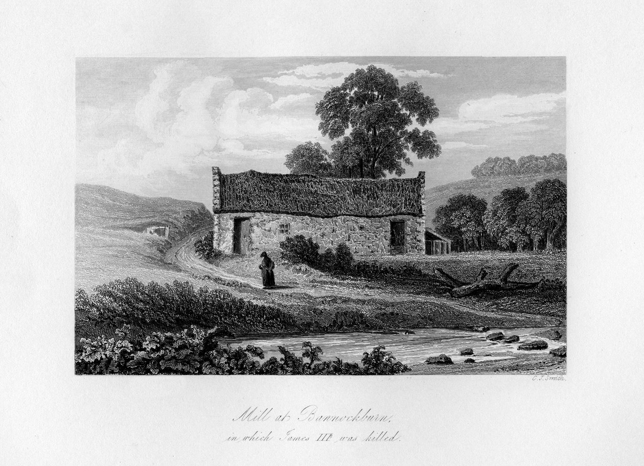 Mill ved Bannockburn, der James III av Skottland ble drept i 1488, 1840. av Charles J. Smith