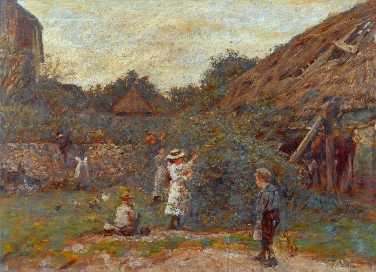 Scene i gårdstun med barn som plukker frukt, 1901 av Charles James