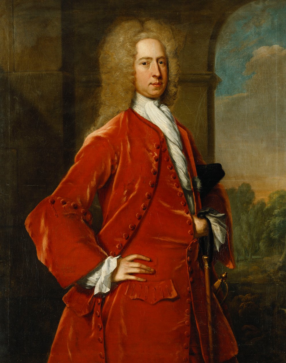 Portrett av oberst William Forward, M.P., trekvart lengde, i en rød frakk og vest og hvit lager, ved en steinbuegang, et landskap utenfor, av Charles Jervas