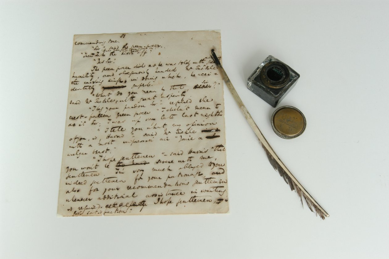 Pickwick Papers manuskript, ca. 1837, og Dickens fjærpenn og blekk, fotografert 2000-tallet av Charles John Huffam Dickens