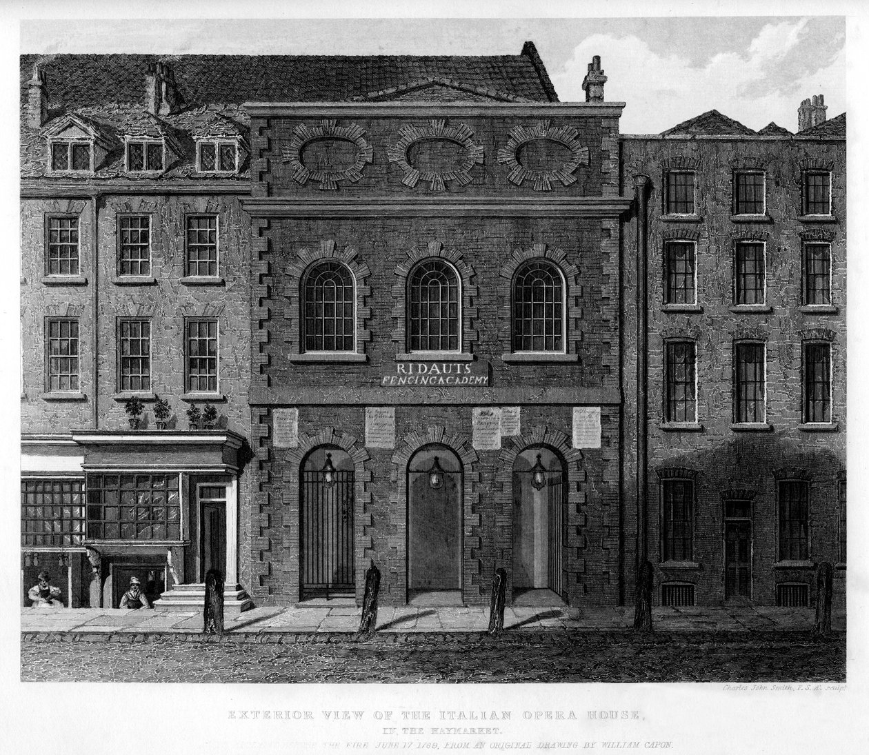 Utvendig utsikt over det italienske operahuset, Haymarket, 1700-tallet, 1840 av Charles John Smith
