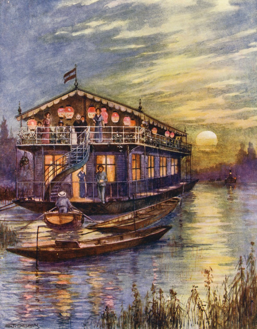Elvebåtliv (fargelitografi) av Charles John de Lacy