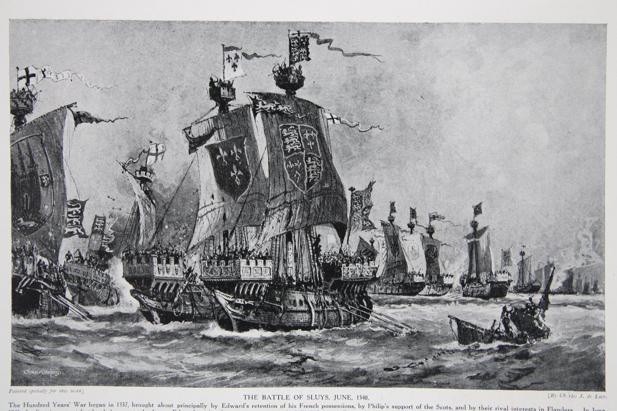 Slaget ved Sluys, 24. juni 1340, illustrasjon fra 'Hutchinson's Story of the British Nation', ca. 1923 av Charles John de Lacy