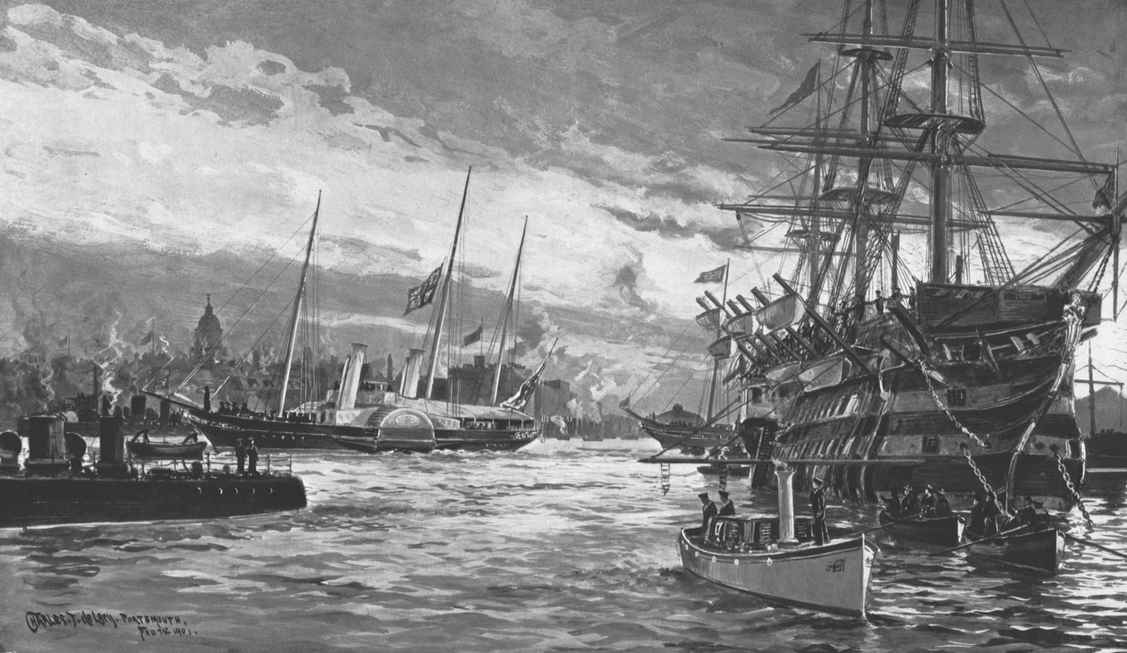 Begravelsen til dronning Victoria...Royal Yacht Alberta på vei inn i Portsmouth Harbour...1901. av Charles John de Lacy