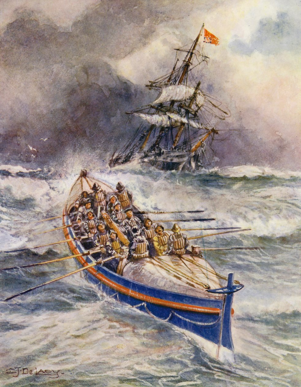 Redningsbåten (fargelitografi) av Charles John de Lacy