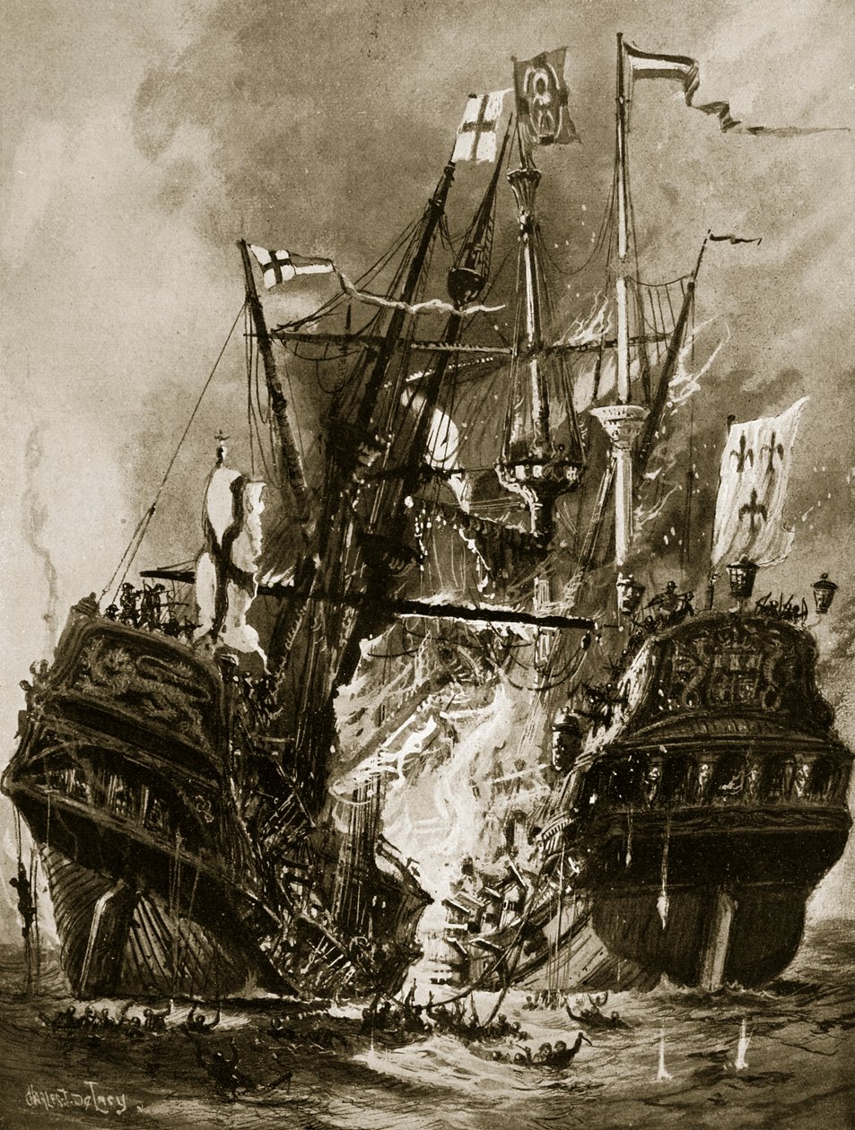 Brenningen av 'Regent', 1512, illustrasjon fra 'Hutchinson's Story of the British Nation', ca. 1923 av Charles John de Lacy