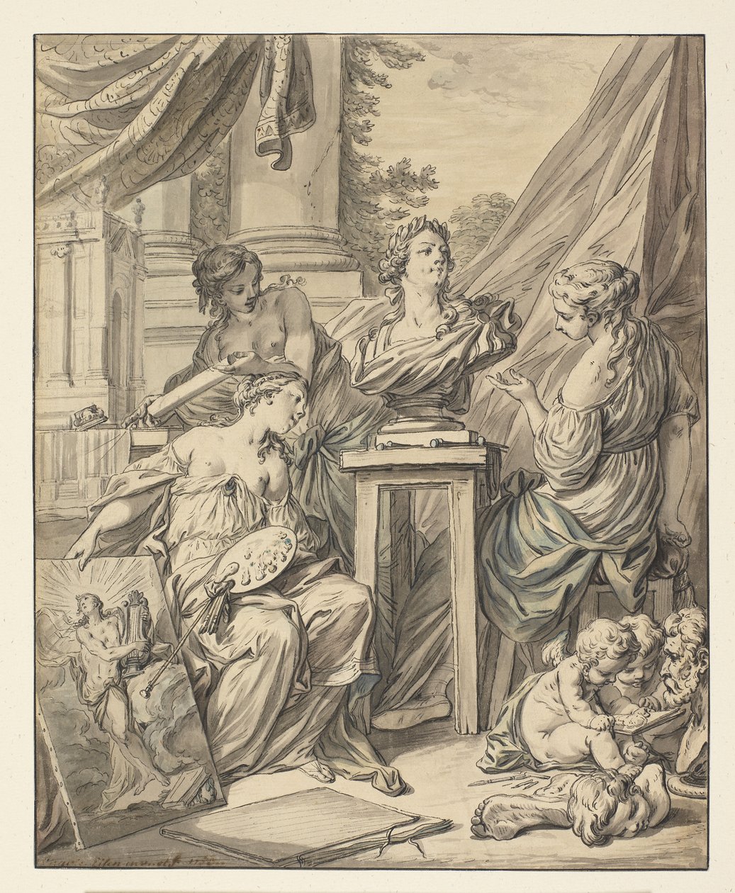 Fine Arts personifisert av tre kvinner engasjert i feiringen av deres rekognosering for Louis XV, 1753 (blekk, kritt og wc på papir) av Charles Joseph Dominique Eisen