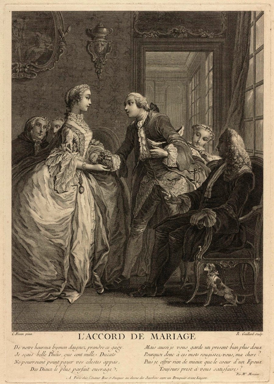 Ekteskapsavtalen. En ung mann legger en veske i hendene på en ung kvinne, under øynene til bekymrede mennesker, notarius publicus og foreldre. Arbeid av Charles Eisen (1720-1778), gravering av Charles Joseph Dominique Eisen