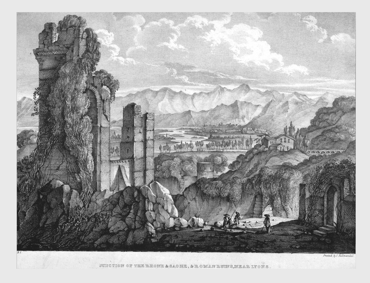 Krysset mellom Rhone og Saone, romerske ruiner nær Lyon, c1835. av Charles Joseph Hullmandel