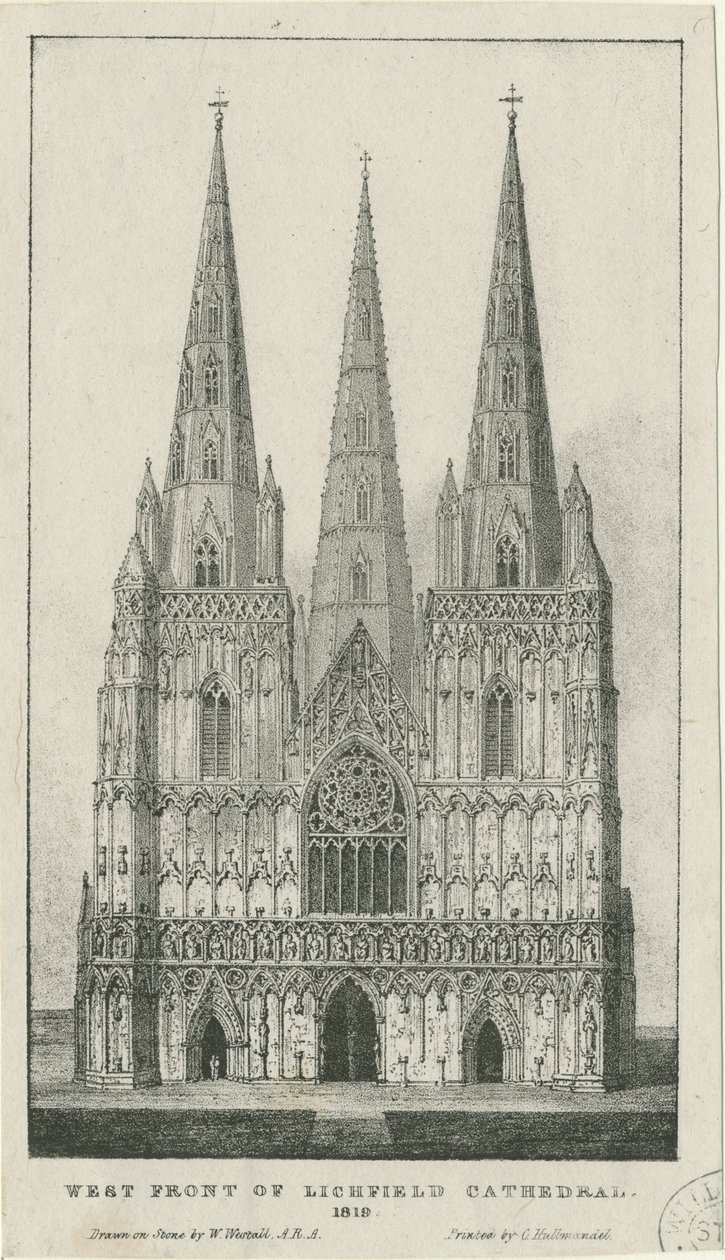 Lichfield Cathedral - West Front: gravering, 1819 av Charles Joseph Hullmandel