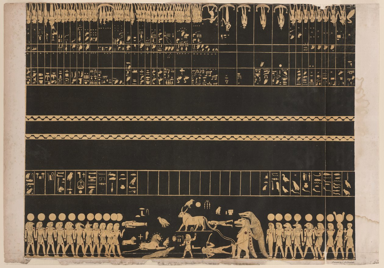 Zodiak fra graven til Psammis i Theben, New Kingdom, illustrasjon fra 'Seks nye illustrative plater av undersøkelsene og operasjonene i Egypt og Nubia, av Giovanni Battista Belzoni av Charles Joseph Hullmandel