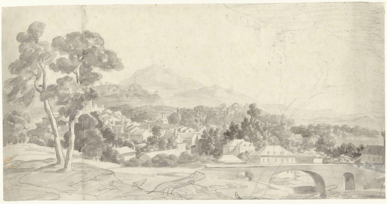 Landskap med en by nær en bro av Charles Joseph Natoire (attributed to)