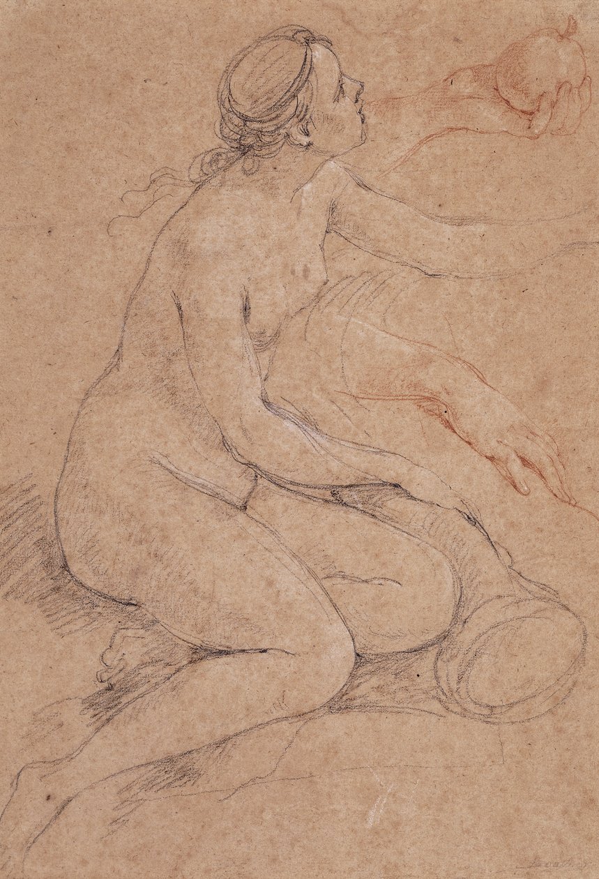 En nymfe som lener seg på et overflødighetshorn, og understudier av hendene hennes, en holder et eple, av Charles Joseph Natoire