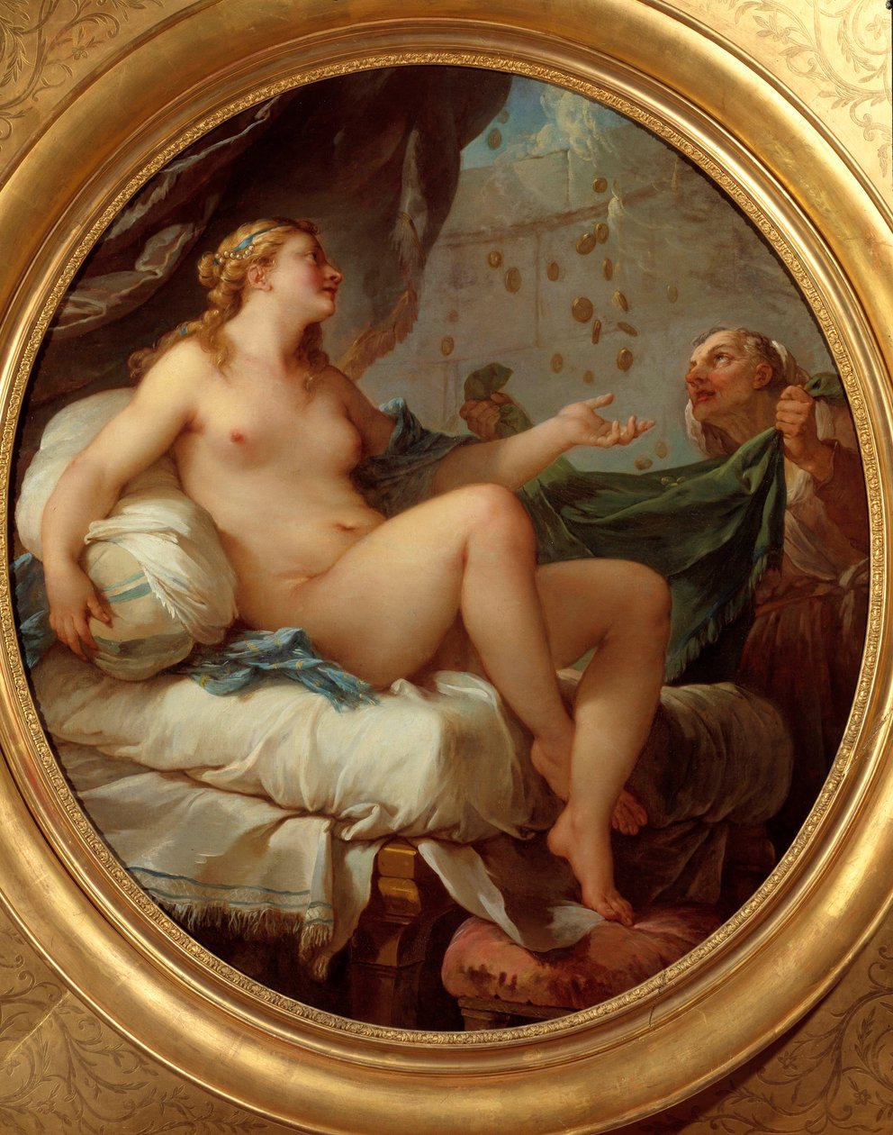 Danae mottar gullregnet Zeus seduit Danae i form av et regn av gullmynter. Maleri av Charles Joseph Natoire (Charles-Joseph Natoire av Charles Joseph Natoire