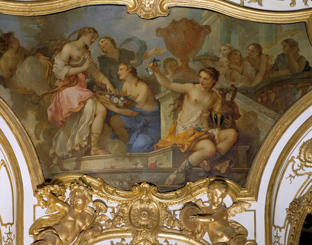 History of Psyche: "" Nymfene som tilbyr blomster i Psyche på terskelen til palasset til Amour"" Takmaleri av Charles Joseph Natoire (Charles-Joseph Natoire av Charles Joseph Natoire