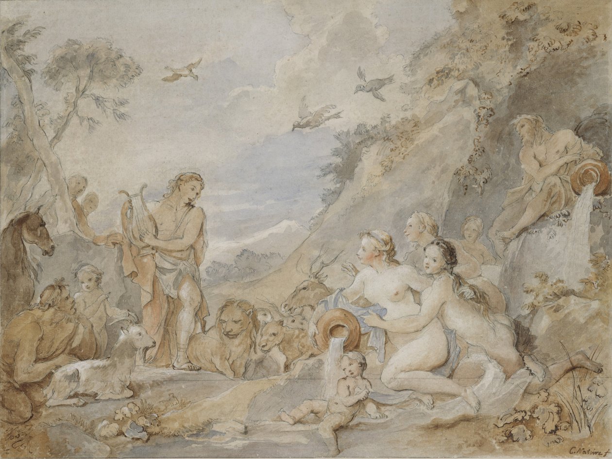 Orpheus sjarmerer nymfene, dryadene og dyrene, 1757. av Charles Joseph Natoire