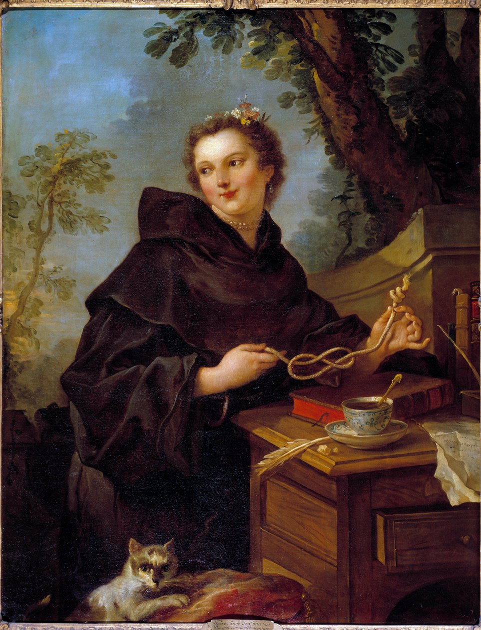 Portrett av Louise Anne De Bourbon Conde, Mademoiselle De Charolais (1695-1758), barnebarn av Louis XIV. Mellom hendene hans en sjøknute (knute på åtte). Maleri av Charles Joseph Natoire (Charles-Joseph Natoire av Charles Joseph Natoire