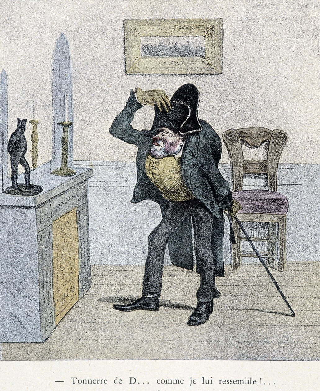 Thunder of D... som jeg ser ut som ham!... Tegneserie av Travies fra 1800-tallet som viser en mann som sammenligner seg med en statuett av Napoleon. av Charles Joseph Travies de Villiers