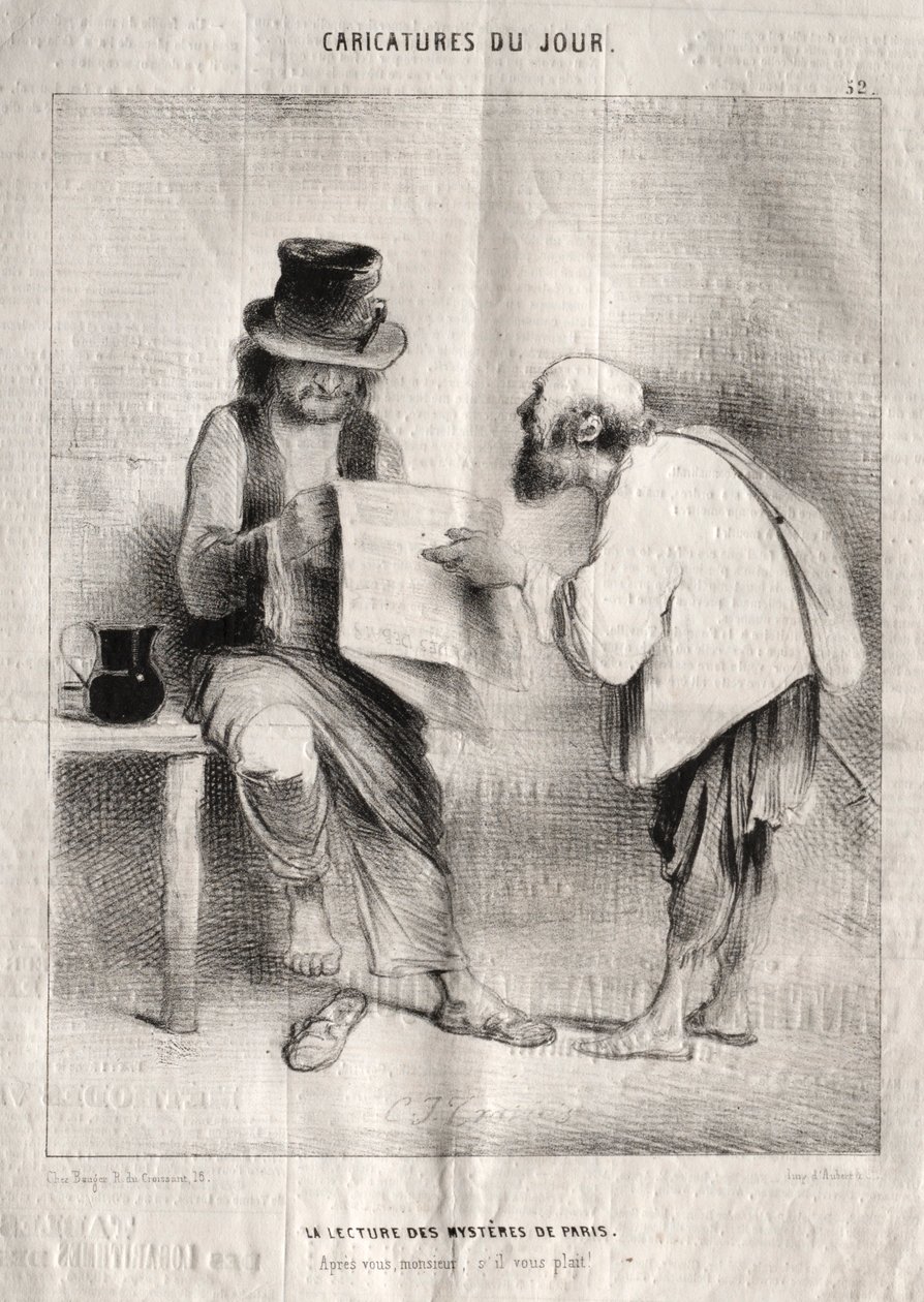 Dagens karikaturer: Leser mysteriene i Paris. av Charles Joseph Traviès de Villers