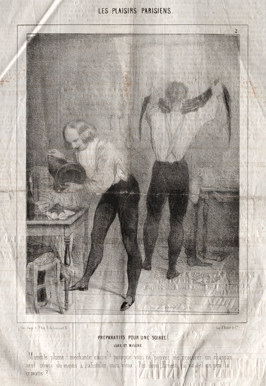 Les Plaisirs Parisiens: Forberedelser til en kveld. Luksus og elendighet. Forbannet fjær! dårlig blekk!... av Charles Joseph Traviès de Villers