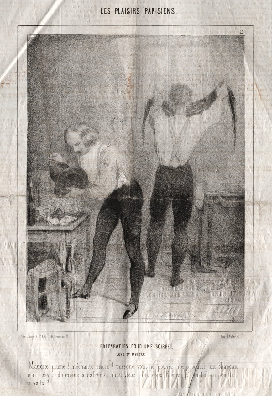 Les Plaisirs Parisiens: Forberedelser til en kveld. Luksus og elendighet. Forbannet penn! Ekkel.... av Charles Joseph Traviès de Villers